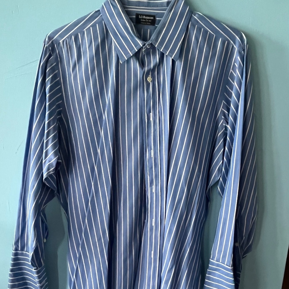 Vintage Men’s L.O. Hammons Blue and White Stripe Shirt 17.5X33